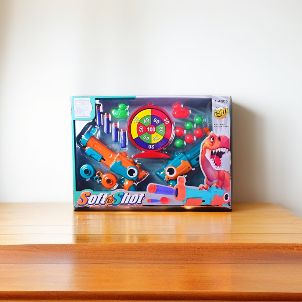 2-in-1 Dinosaur Theme Kids Toy Gun Blaster Set – Foam Dart & Target Ball Shooter with Score Target | Safe & Fun Shooting Game LMI14891.