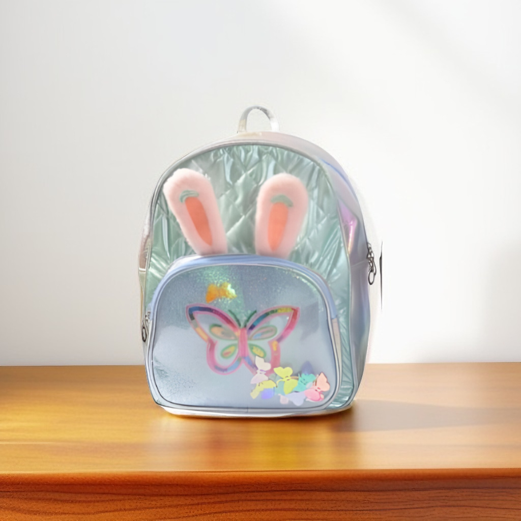 Cute Holographic Blue Bunny Ears Backpack for Girls | Quilted Glitter Butterfly Mini School Bag (NOV-GBT50093)