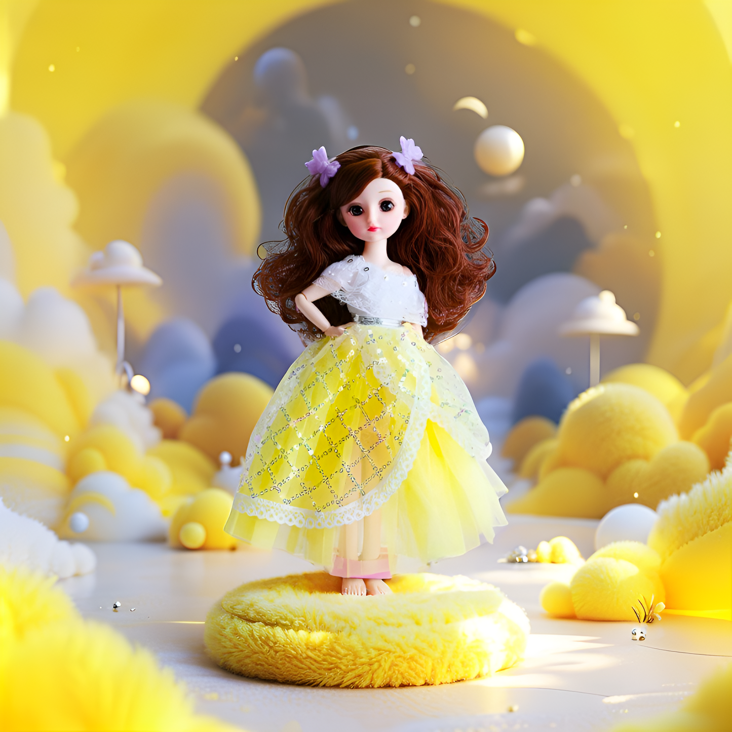 Fashion Doll in Light-Up/Glowing Yellow Ball Gown | Binna "A Heavenly Beauty" Doll with Brown Hair LMI14886