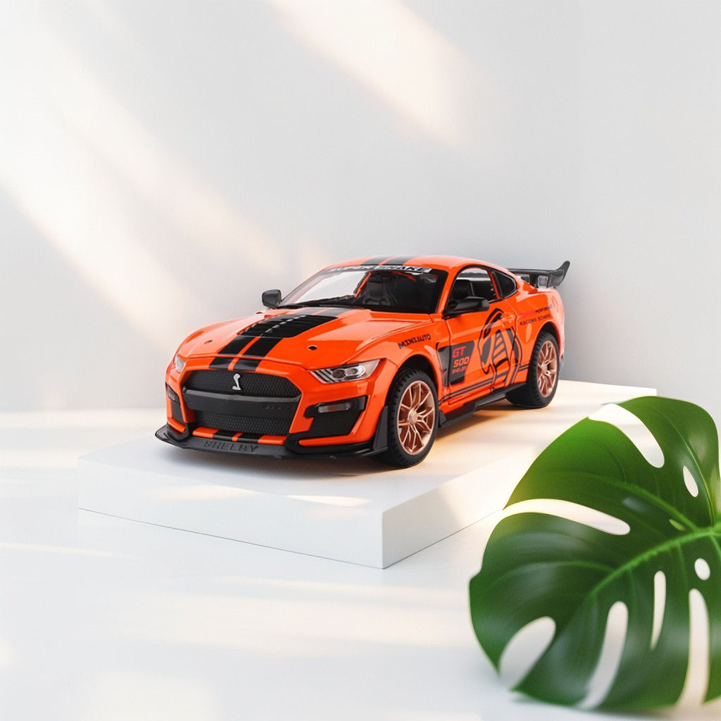Mustang Shelby Cobra GT 500 Metal Model Diecast Car Scale 1:32 - Orange (S) - Acrylic Transparent Box.
