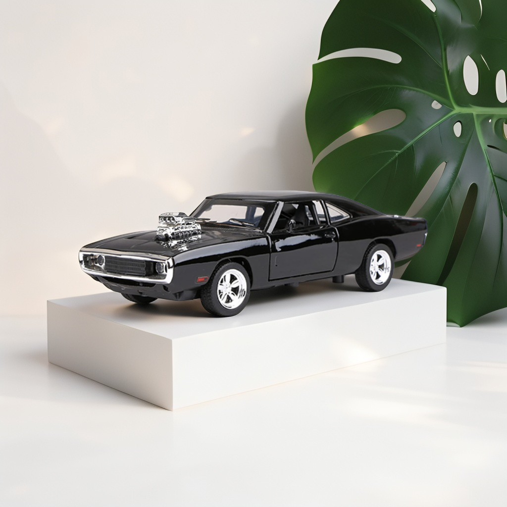 Mustang Dodge Charger Fast & Furious Diecast Car 1:24 Scale - Black Model with Acrylic Display Case