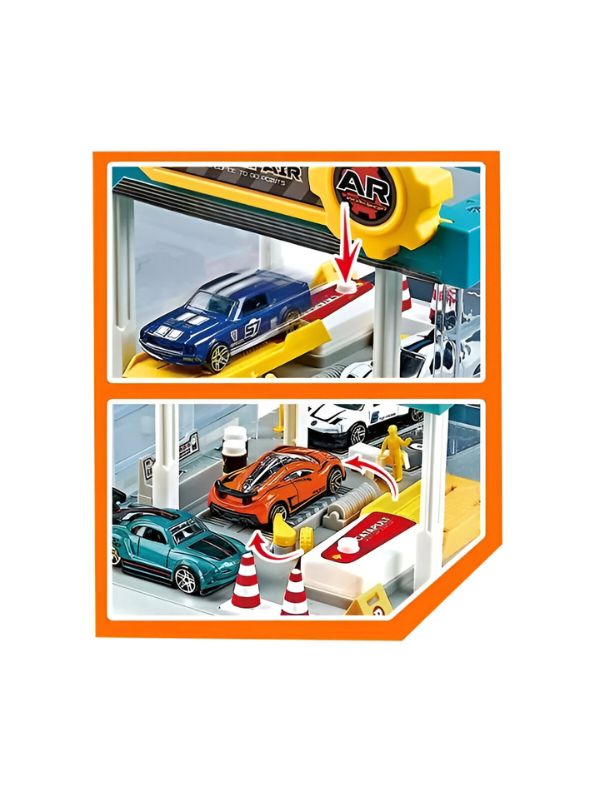 Mini Simulation Gas Station & Parking Lot Toy Set with 4 Alloy Cars – Interactive Repair Station Model for Kids.