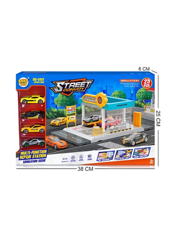 Mini Simulation Gas Station & Parking Lot Toy Set with 4 Alloy Cars – Interactive Repair Station Model for Kids.
