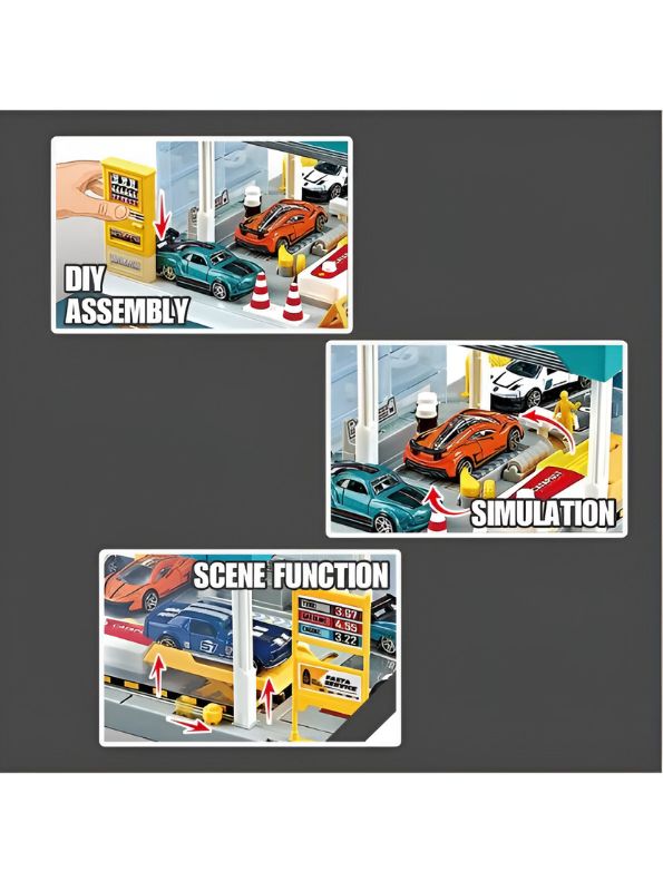 Mini Simulation Gas Station & Parking Lot Toy Set with 4 Alloy Cars – Interactive Repair Station Model for Kids.