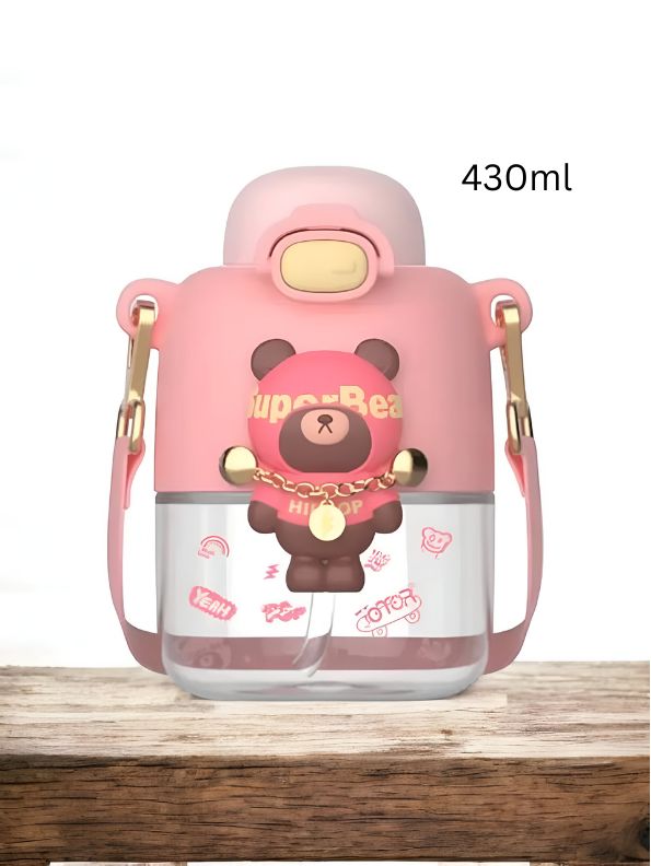 Pink - Super Bear – 430ml Stainless Steel Water Bottle |  Cute Tritan Straw Sipper for Kids | Leak-Proof Cartoon School Bottle for Students & Children NOV4297.