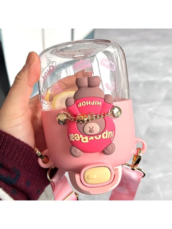 Pink - Super Bear – 430ml Stainless Steel Water Bottle |  Cute Tritan Straw Sipper for Kids | Leak-Proof Cartoon School Bottle for Students & Children NOV4297.