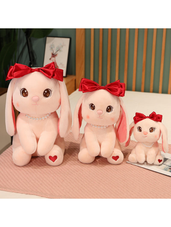 Cute Pink Bunny Soft Plush with Red Bow and Pearl Necklace - A Perfect Valentine's Day Gift LMI15457