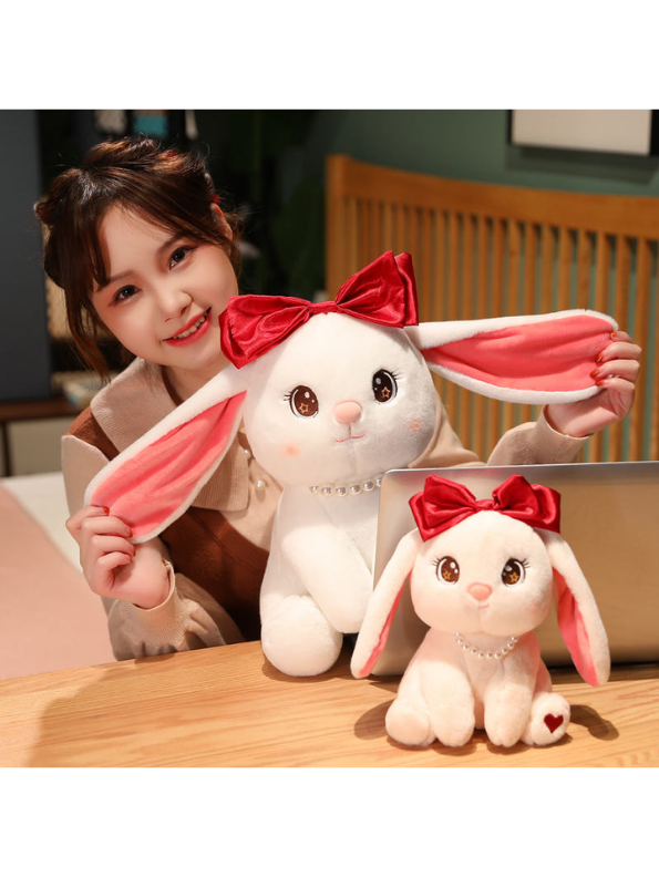 Cute White Bunny Soft Plush with Red Bow and Pearl Necklace - A Perfect Valentine's Day Gift LMI15457