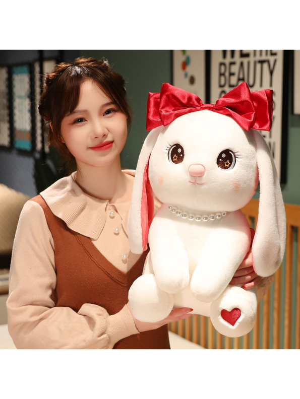 Cute White Bunny Soft Plush with Red Bow and Pearl Necklace - A Perfect Valentine's Day Gift LMI15457