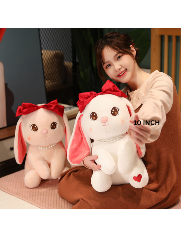 Cute Pink Bunny Soft Plush with Red Bow and Pearl Necklace - A Perfect Valentine's Day Gift LMI15457