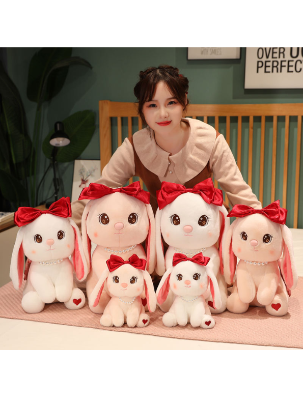 Cute White Bunny Soft Plush with Red Bow and Pearl Necklace - A Perfect Valentine's Day Gift LMI15457