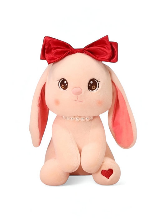 Cute Pink Bunny Soft Plush with Red Bow and Pearl Necklace - A Perfect Valentine's Day Gift LMI15457