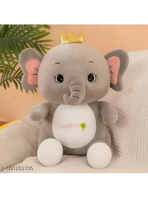 Lucky Grey Elephant Plush Toy for Kids - 10-Inch Cute Stuffed Animal Soft Toy with Golden Crown LMI14141.