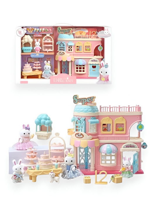 Dollhouse Playset with Bunny Figures & Bakery Shop - Dreamy Barbie Dollhouse for Girls NX13760