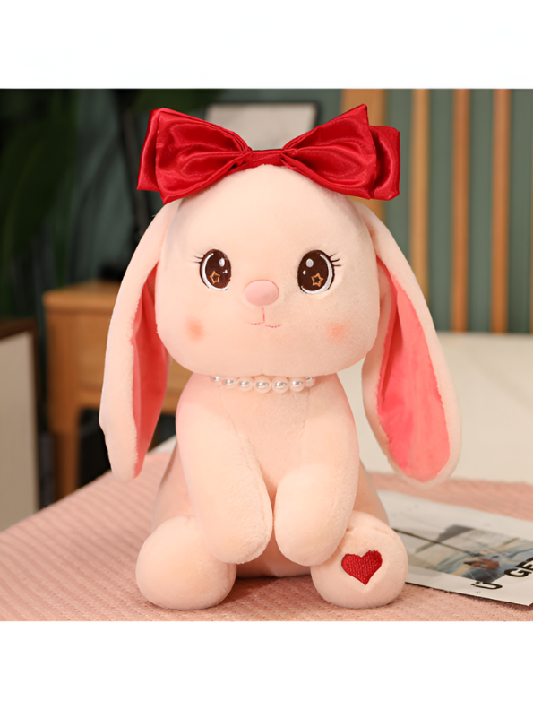 Cute Pink Bunny Soft Plush with Red Bow and Pearl Necklace - A Perfect Valentine's Day Gift LMI15457