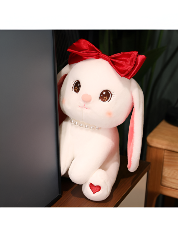 Cute White Bunny Soft Plush with Red Bow and Pearl Necklace - A Perfect Valentine's Day Gift LMI15457