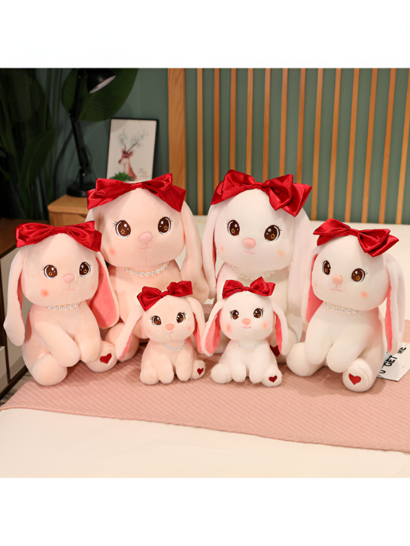 Cute White Bunny Soft Plush with Red Bow and Pearl Necklace - A Perfect Valentine's Day Gift LMI15457