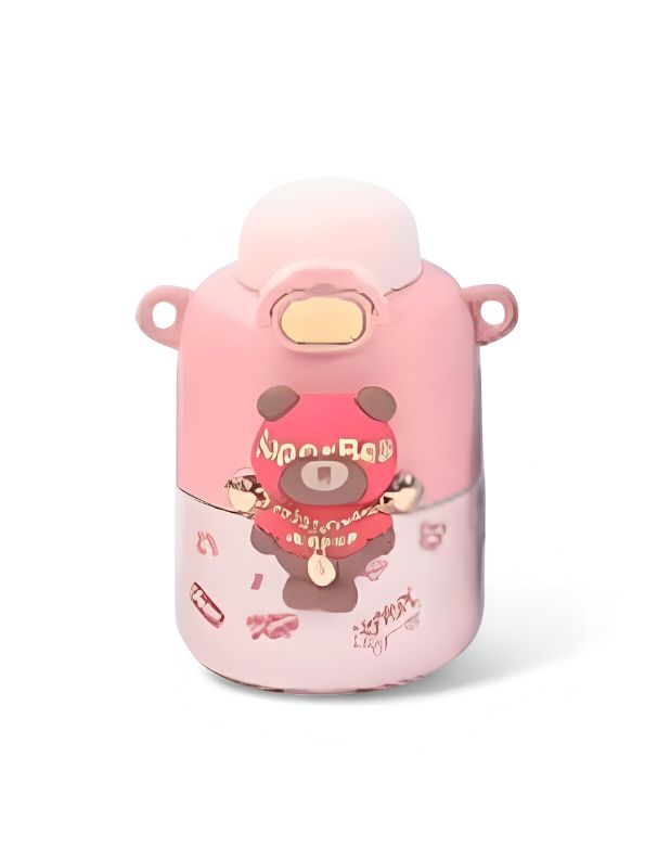 Pink - Super Bear – 430ml Stainless Steel Water Bottle |  Cute Tritan Straw Sipper for Kids | Leak-Proof Cartoon School Bottle for Students & Children NOV4297.