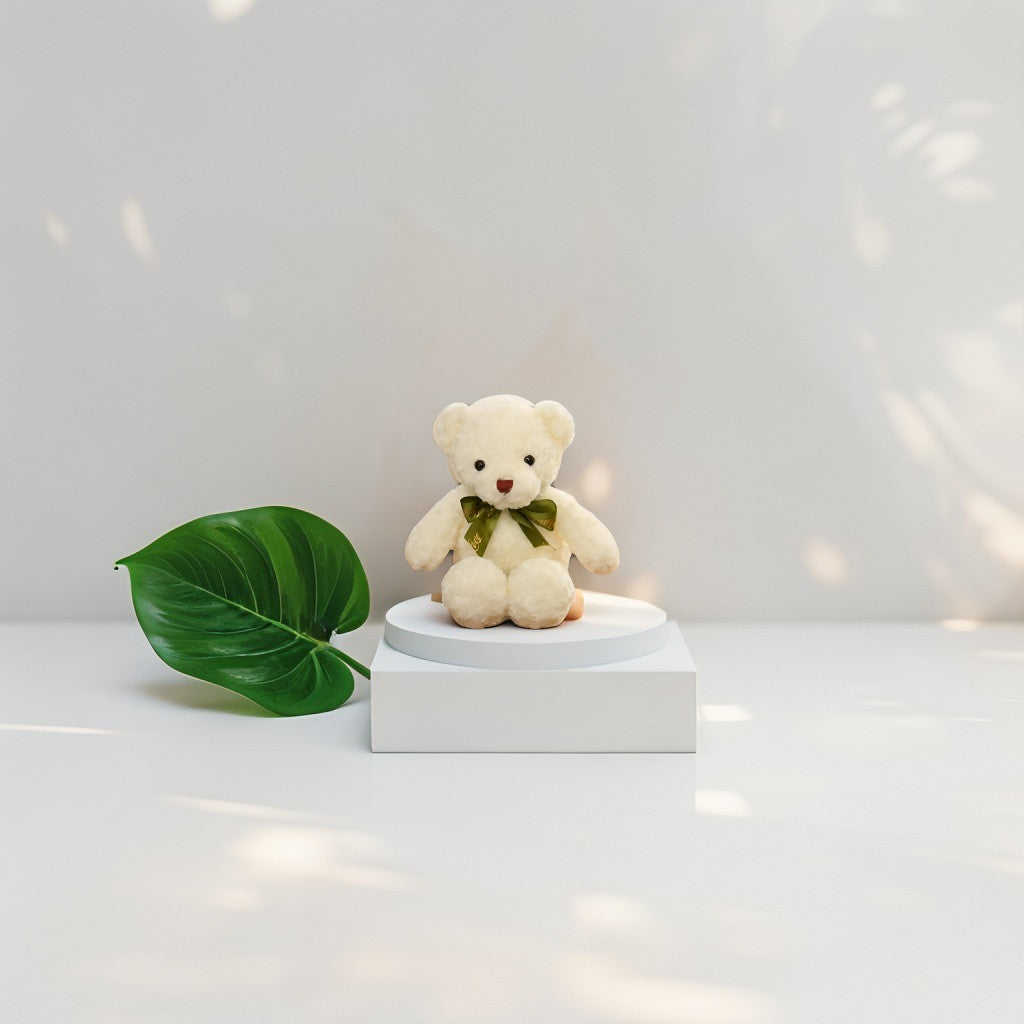 White - Soft Toy Bear with Green Ribbon - 8-inch Cute and Cuddly Teddy for Kids LMI11464.