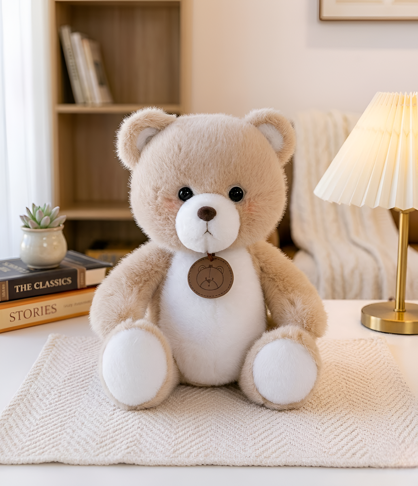 Teddy Bear – 30cm Premium Plush Ultra-Soft Stuffed Animal Toy with Embroidered Leather Medallion, Cream & Tan Nursery Décor Gift for Babies & Kids ST14532